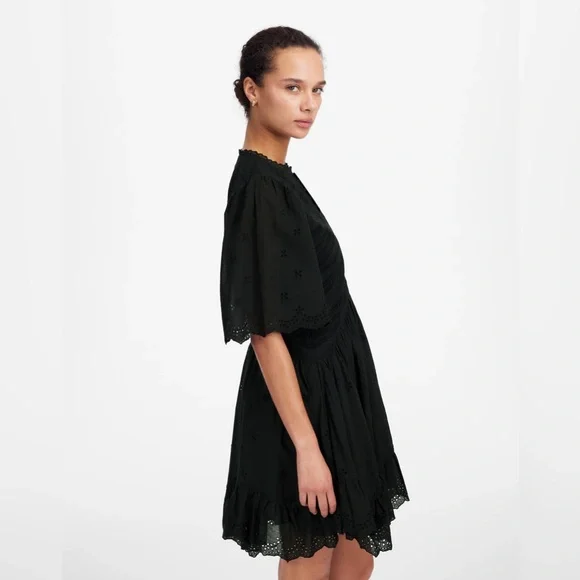 Madewell Eyelet Flutter Sleeve Mini Dress in Cotton in Jet Black Size 2 NWT
